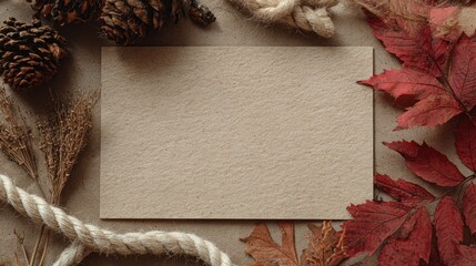Autumn Flat Card with Red Leaves Pinecones and Rope on Natural Background