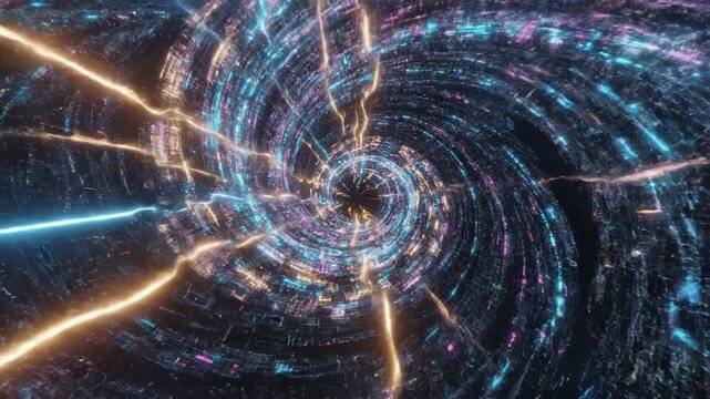 A vibrant, swirling tunnel of glowing neon light, suggestive of digital dimensions and futuristic designs