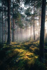 Obraz premium Misty forest with sun rays through tall pine trees