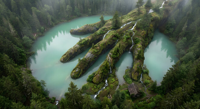 aerial view of a giant mossy stone hand emerging from a turquoise mountain lake surrounded by dense evergreen pine forest and misty waterfalls in a surreal fantasy landscape