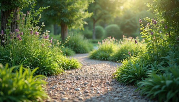 Sunlit garden path with gravel and rich green plants. Purple flowers bloom beside verdant bushes and trees. Serene nature scene offers peaceful outdoor retreat.
