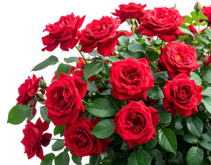 Vibrant red roses in full bloom, perfect for floral arrangements, gardening advertisements, and nature-themed projects.