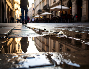 A cobblestone street after rain, reflecting buildings with a blurred figure walking. Ideal for urban lifestyle and travel concepts.