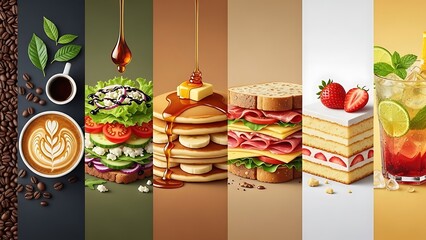 Vibrant culinary collage diverse food and drink for all meals. Delicious coffee, pancakes, sandwiches, refreshing fruit