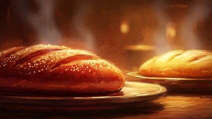 Golden, Freshly Baked Bread with Sesame Seeds, Emanating Warmth and Delicious Aroma