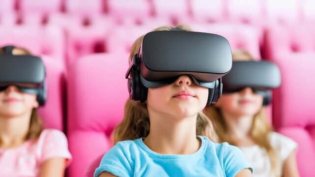 Immersive VR Experience: Children wearing virtual reality headsets are fully engrossed in a shared VR experience, with eyes fixated on the digital world.