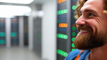 Data Center Worker: A data center worker, filled with a sense of accomplishment, beams with a smile, showcasing a moment of satisfaction within the complex technological environment. - Powered by Adobe