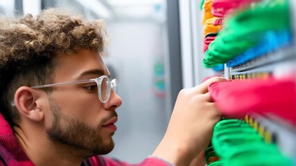 Network Technician at Work: A focused network technician is meticulously working amidst a server room, his attention absorbed by the intricate details of data cables and network infrastructure.