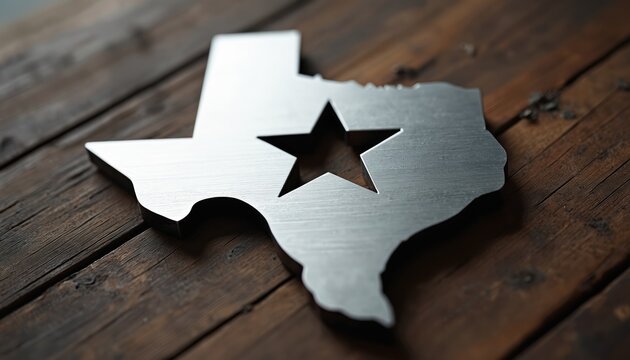 Metal Texas state shape with star cutout rests on distressed dark wood surface. Minimalist metallic art, clean lines, rustic background creates bold regional statement.