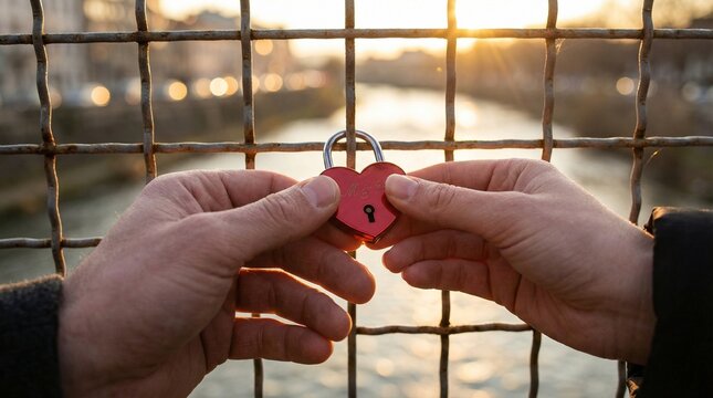 Couple attaching love lock on bridge