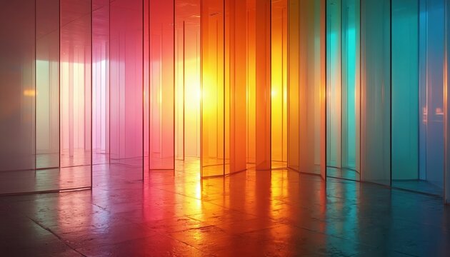Interior hallway with vertical dichroic glass panels casting colorful reflections. Light shifts and changes hues from pink and orange to blue and green on wet floor.