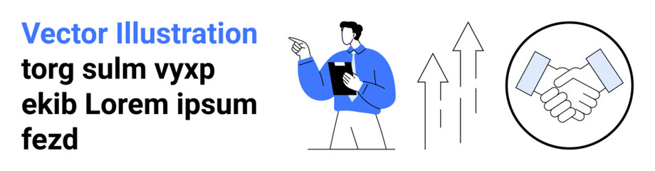 Business growth, teamwork, leadership, success strategy, partnership, professional guidance. Man with clipboard points at rising arrows and handshake icon. Business growth and teamwork concept