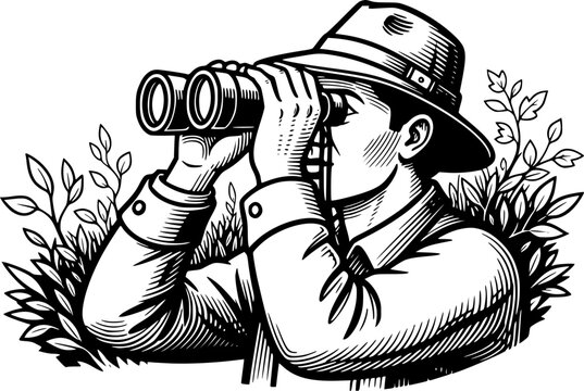 Engraved illustration of ornithologist using binoculars in a nat
