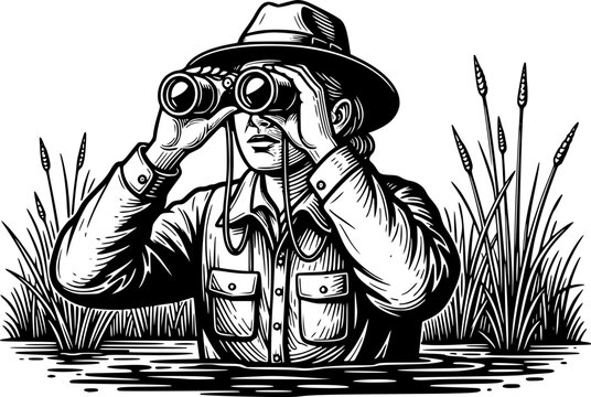 Engraved illustration of ornithologist using binoculars in a nat
