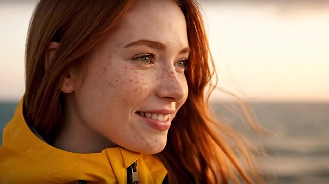 Young woman with freckles and red hair smiles