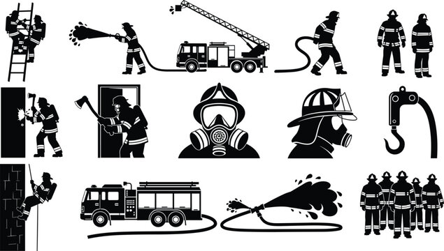 Firefighter rescue action silhouettes, fire truck ladder hose axe equipment, emergency response operations, fire department safety vector icon set