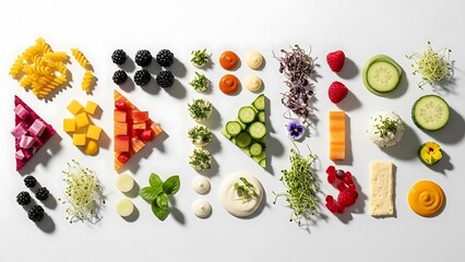 A vibrant and diverse flat lay of fresh culinary ingredients, featuring colorful fruits, crisp vegetables, pasta, and creamy sauces, meticulously arranged for healthy gourmet meal preparation