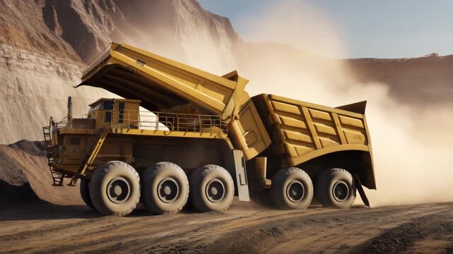 Heavy Mining Truck Dumping Materials in Quarry