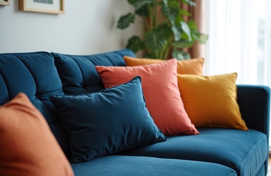 Deep blue sofa adorned with colorful cushions in coral orange and yellow. Modern living room interior with plush furniture and home accents. Comfortable relax area.