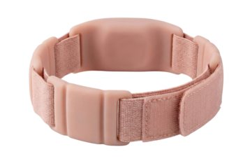 Pink fabric wearable health monitor strap isolated. Smart sensor device.