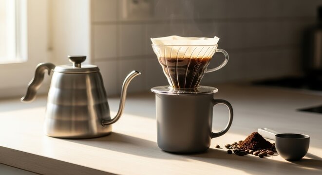 Manual pour over coffee brewing process underway with stainless steel kettle and ground beans on countertop