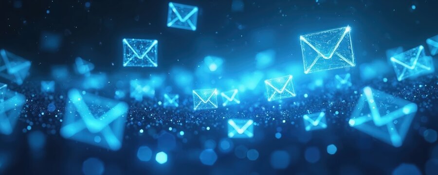 Digital communication network with glowing blue email icons floating and sparkling. Messages transmit globally through cyberspace, representing connection and data exchange.
