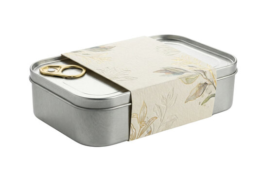 Metal food tin with floral paper sleeve isolated. Premium packaging.