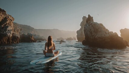 Serene surf yoga session at a rocky beach retreat, blending balance, proprioception, and mindfulness for commercial wellness and travel promotions, featuring yoga retreat beach