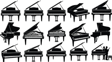 Grand piano silhouettes collection, classic concert pianos from multiple angles, musical instrument set, elegant performance equipment, black vector illustration