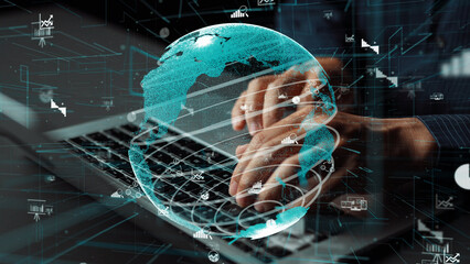 A close-up image of hands typing on a laptop with a digital world map overlay and data analytics visuals, symbolizing modern technology and global business solutions. Xenic