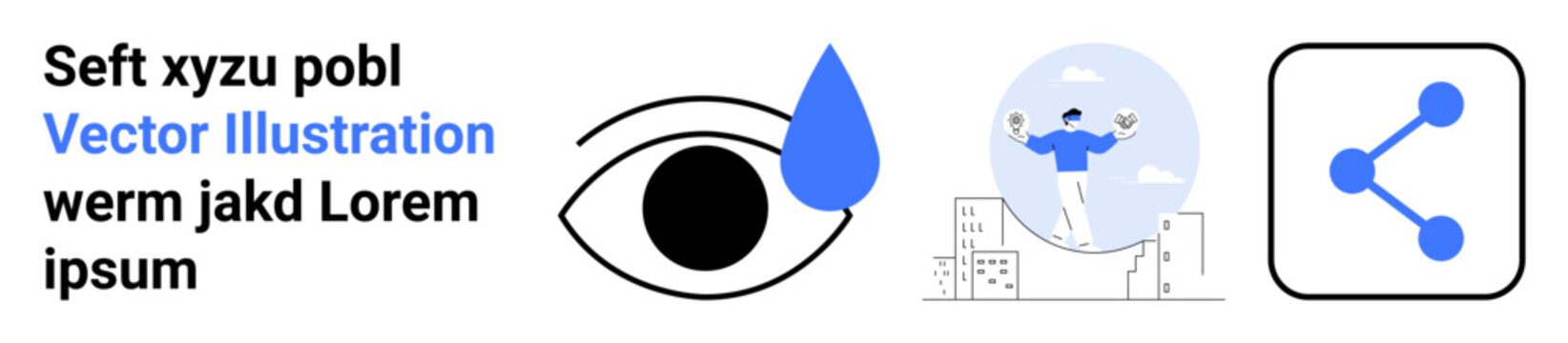 Emotional wellness, social connections, communication, digital sharing, urban life, personal growth. Eye with a tear drop, figure on cityscape share icon. Emotional wellness and social connections