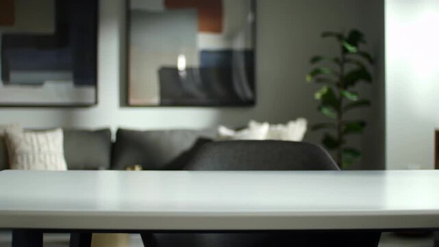 Modern living room interior with a white table in the foreground, creating a blurred background.