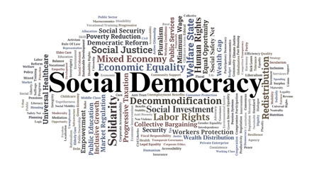 Obraz premium Social Democracy Word Cloud. Core Principles of Welfare States and Economic Equity