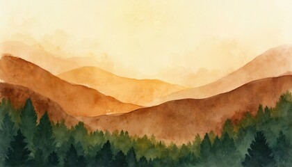 Obraz premium Watercolor painted hills in warm brown and deep green colors. Gentle hazy layers show forest and sky. Peaceful nature artwork with earthy tones.