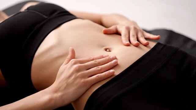 Woman's hands gently touching her abdomen