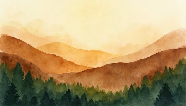 Watercolor painted hills in warm brown and deep green colors. Gentle hazy layers show forest and sky. Peaceful nature artwork with earthy tones.