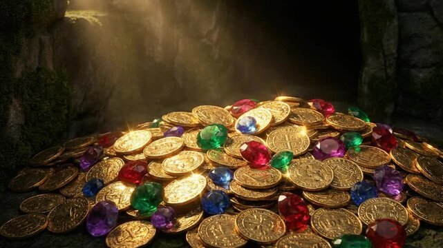 宝石と金貨が輝くお宝のきらきらループ動画