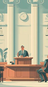 Judge presiding over a case in a formal courthouse flat design