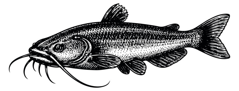 Hand drawn illustration of a catfish depicting a freshwater fish for fishing and seafood themes