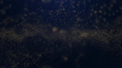 Dynamic golden particles create a shimmering, ethereal flow against a deep blue background, perfect for overlays.
