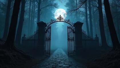 Stone pathway leads through open wrought iron gates into a misty forest under a bright full moon. Tall trees line the spooky entrance casting long shadows on the path.