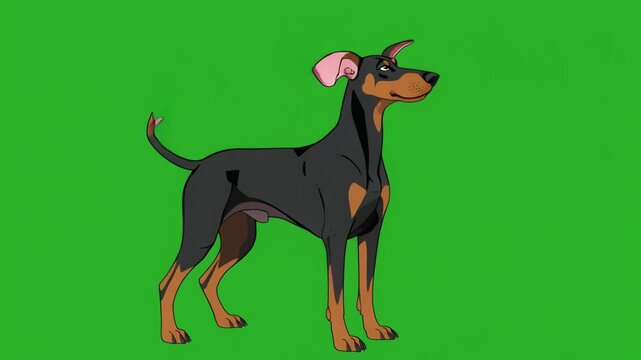 A black and tan Doberman Pinscher dog stands alertly against a vibrant green screen background.