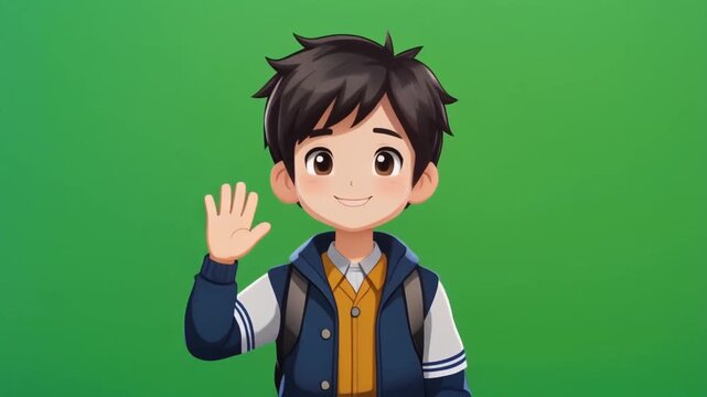 A cheerful young boy with dark hair waves hello against a vibrant green background. Anime boy in a green screen background.