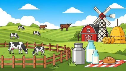 Milk farm background with cows, bull, haystack, mill, barn, dairy products, grazing livestock. 