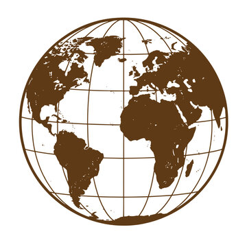 Drawing Vintage Brown globe illustration with grid lines and continents on white background  world map