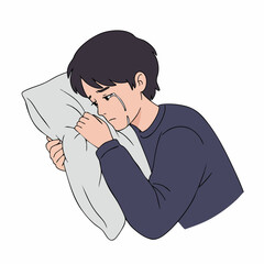 Fototapeta premium Flat Style Sad Man Crying Holding Pillow Illustration Character Design