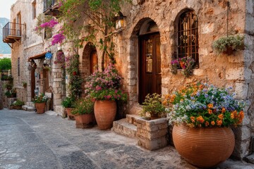 Obraz premium Greek village alleyway with stone houses and flowering pots