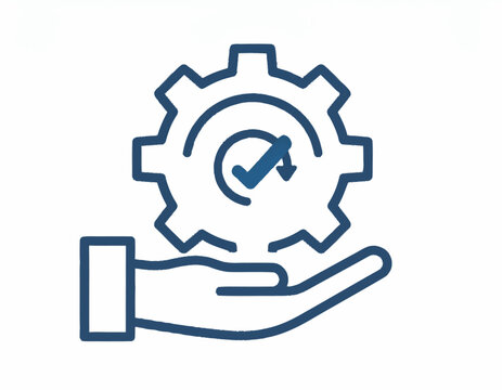 Business process automation and support icon, representing efficient service delivery and quality assurance with a hand holding a gear and checkmark, clean flat vector design