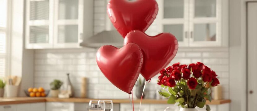 valentine's day concept, with red heart-shaped balloons and bouquet of roses on a table in the kitchen, along with gift boxes and wine glasses filled with wine in a white modern interior Generative AI
