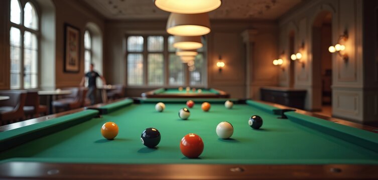 Billiard balls rest on a green pool table in a dimly lit room. A blurred person stands near windows in background. Several pools tables are visible in ambient light.